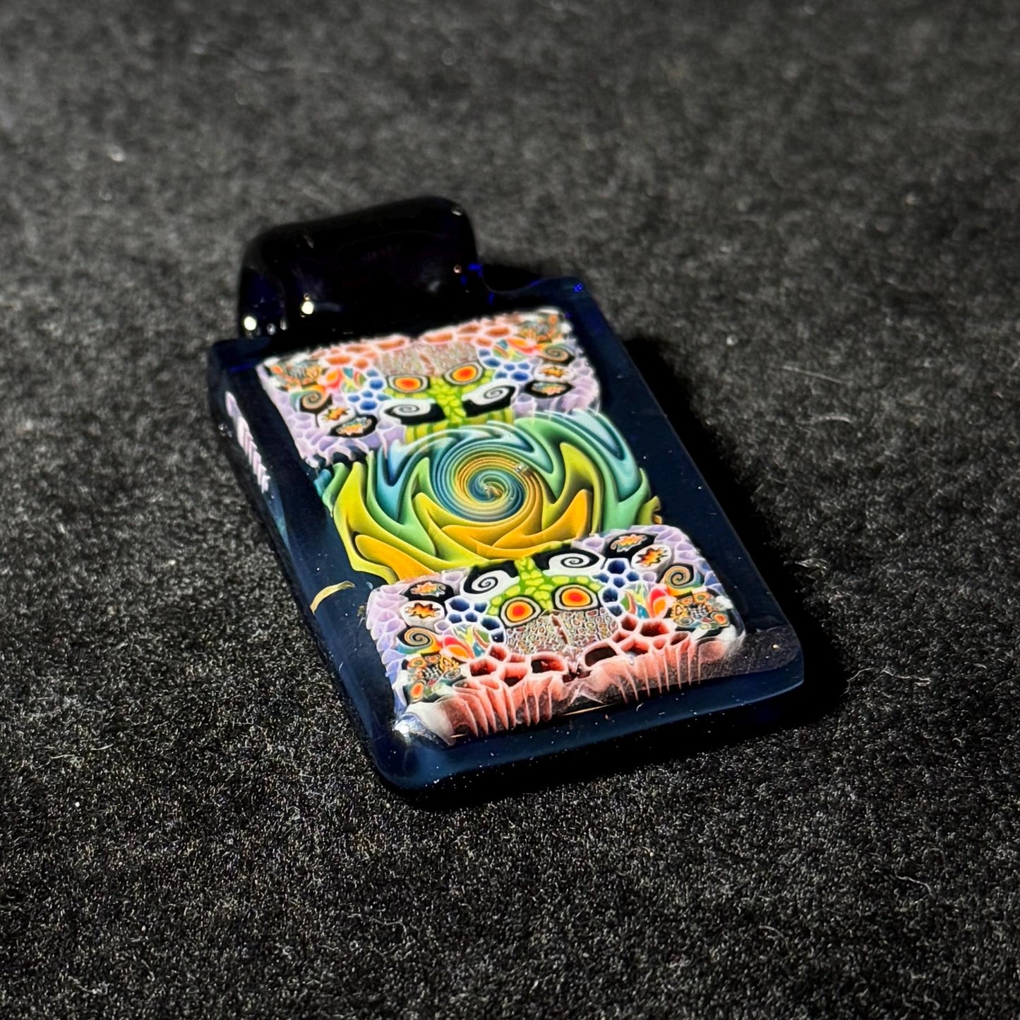 Murrine and rainbow fume fused tablet pendant