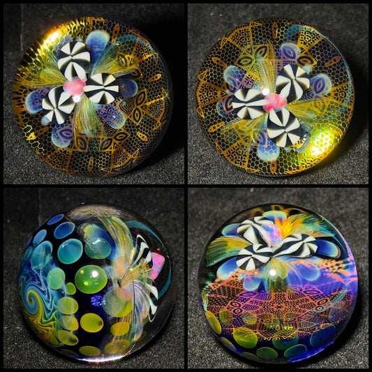 Opal flower gilded mandala glass marble with gold and silver fume 45mm - 24k gold fumed mandala sphere with tumbled opal flower