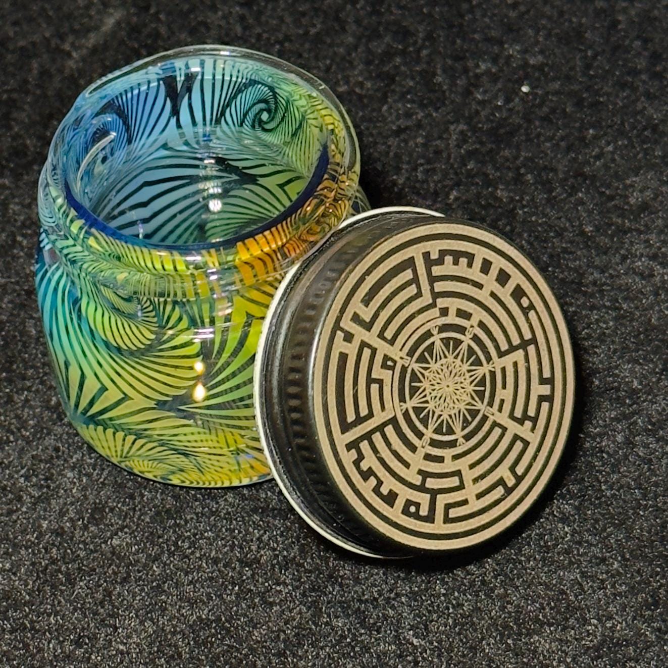 Blown Glass Fume Jar, Spiral Inception Pattern, Threaded Lid