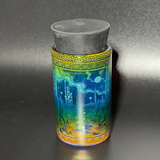 Blown glass jar, intricate fume gradient - Hologram tech "Space Colony" etch rainbow base