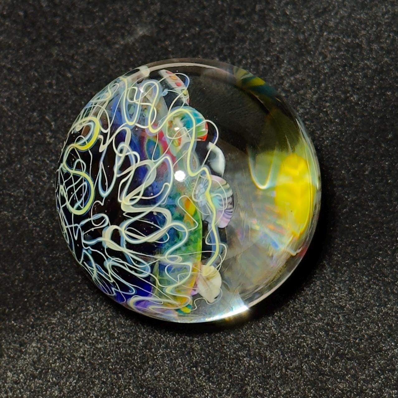 Colorful millefiori marble with fume lens and silver stringer backing - 49mm