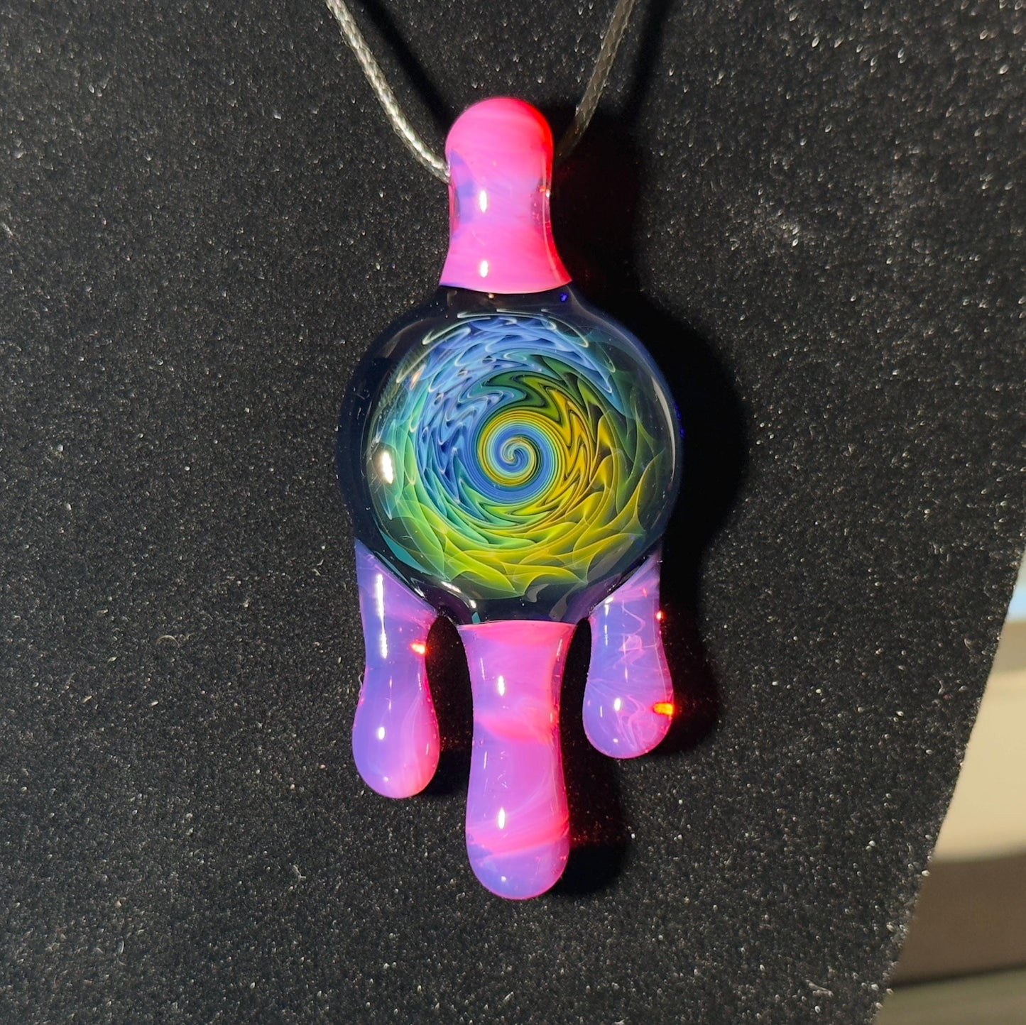 Fume drip glass pendant - gold and silver fumed linework with karmaline pink drips