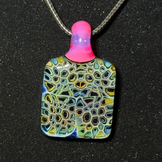 Hand Blown Fume Murrine Glass Pendant: Gold and Silver Fume Cell Tech, pink karmaline bale