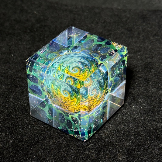 Handblown glass cube with fume and crushed opal honeycomb 52mm