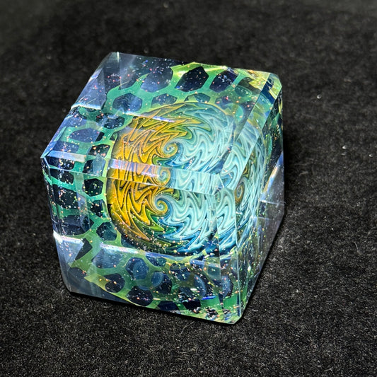 Handblown glass cube with fume and crushed opal honeycomb 52mm