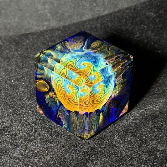 Double sided blown glass cube with gold and silver fume murrini and fume linework, 50mm