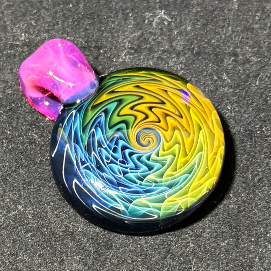 Gold and silver fume linework pendant with pink bale