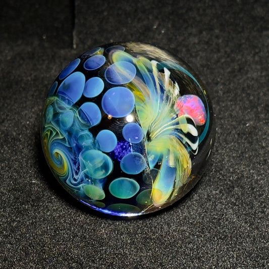 Opal flower gilded mandala glass marble with gold and silver fume 45mm - 24k gold fumed mandala sphere with tumbled opal flower