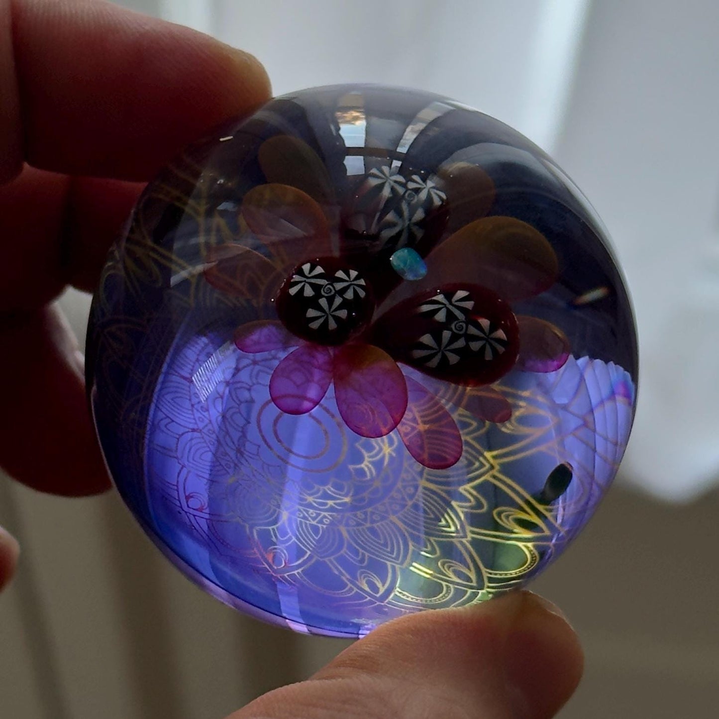 Large Opal Murrine Fume Flower Glass Marble: 24k Gold Fumed Mandala Sphere - 53mm