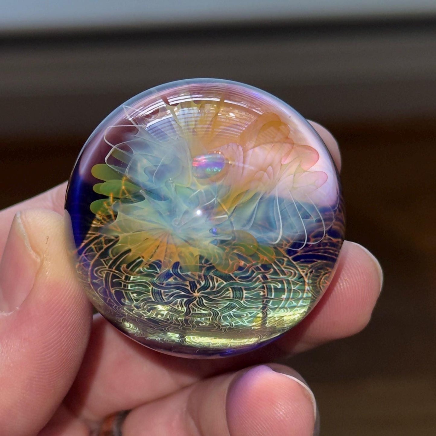 Opal Fume Flower Glass Marble: 24k Gold Fumed Mandala Sphere (44mm)