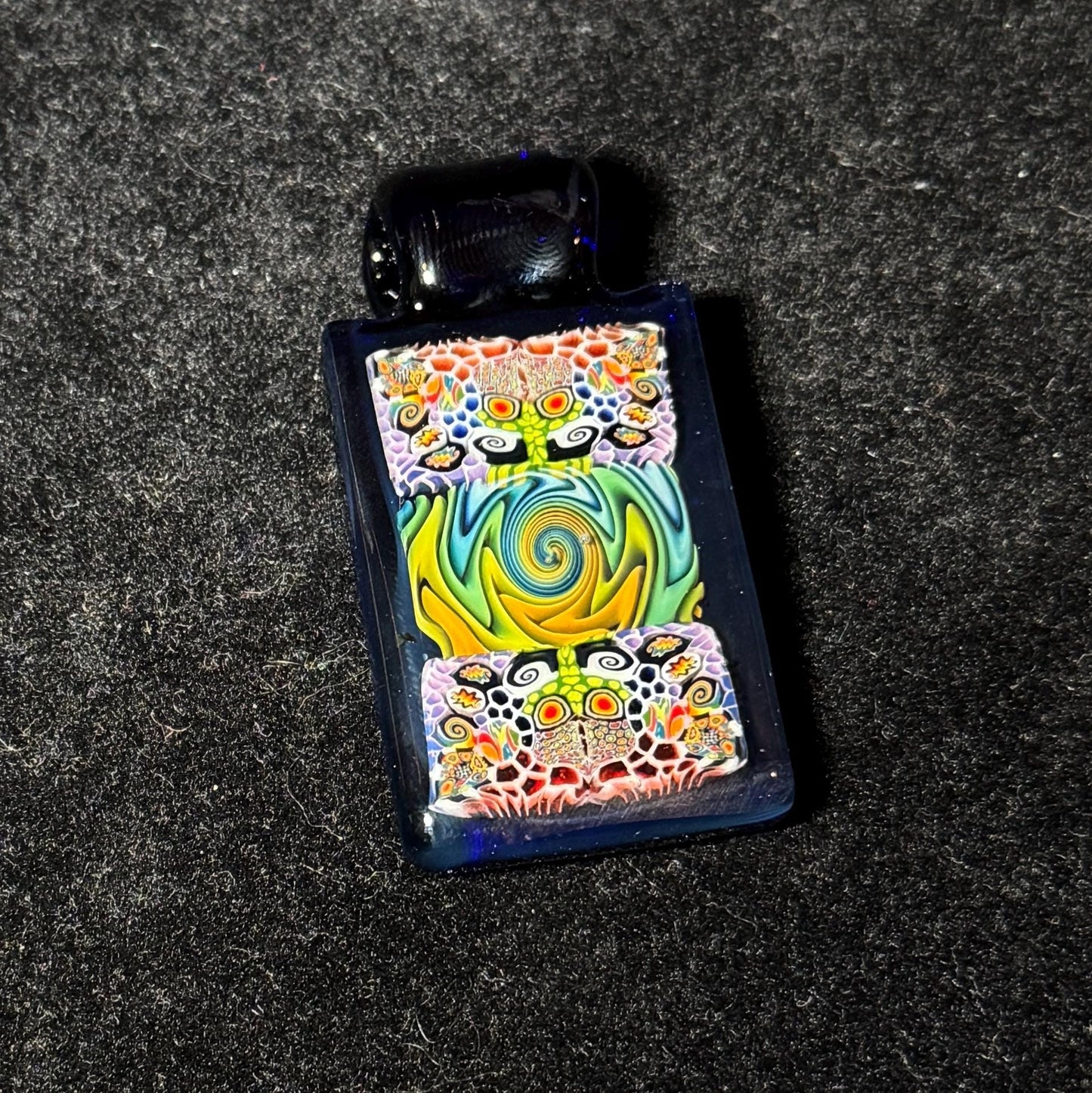 Murrine and rainbow fume fused tablet pendant