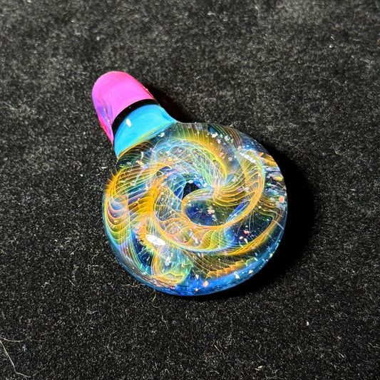 Hand blown glass pendant by Hefe Glass with karmaline pink and meta blue with gold and silver fume and crushed opal