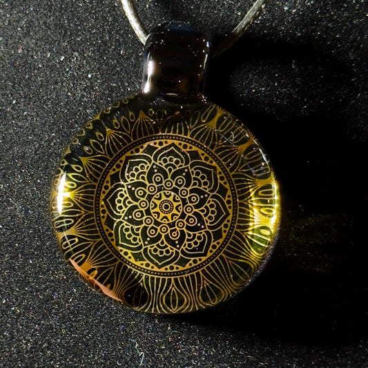 24k Mandala Fume Blown Glass Reflection pendant - Jet black