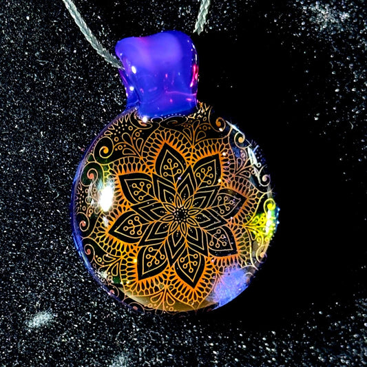 24k Mandala Fume Blown Glass Reflection pendant - Royal Jelly with Cobalt blue backing