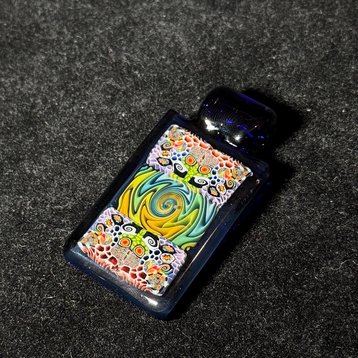 Murrine and rainbow fume fused tablet pendant