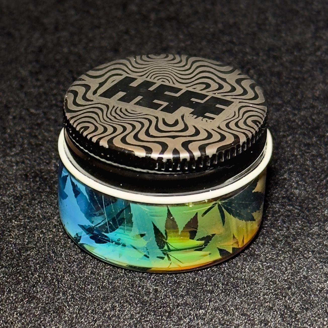 Blown Glass Fume Jar, Leaf Pattern, Threaded Lid
