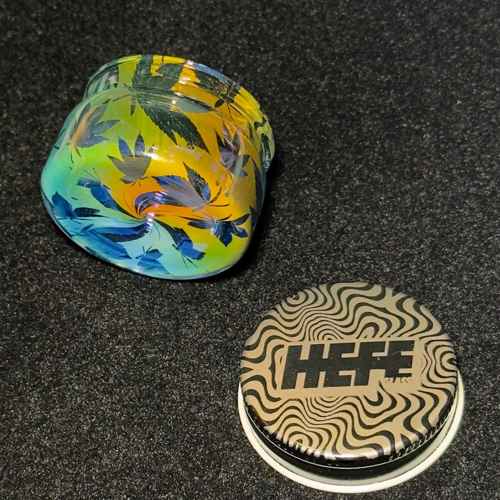 Blown Glass Fume Jar, Leaf Pattern, Threaded Lid