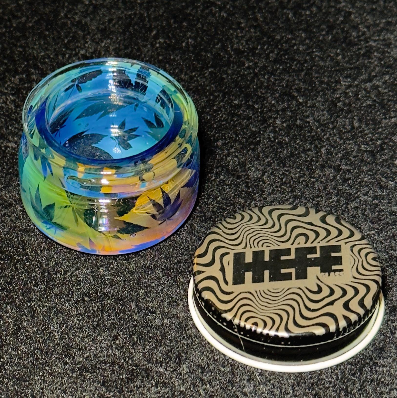 Blown Glass Fume Jar, Leaf Pattern, Threaded Lid