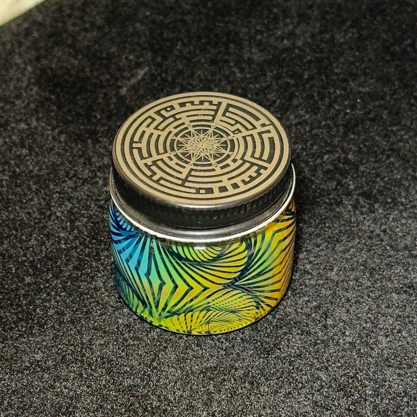 Blown Glass Fume Jar, Spiral Inception Pattern, Threaded Lid