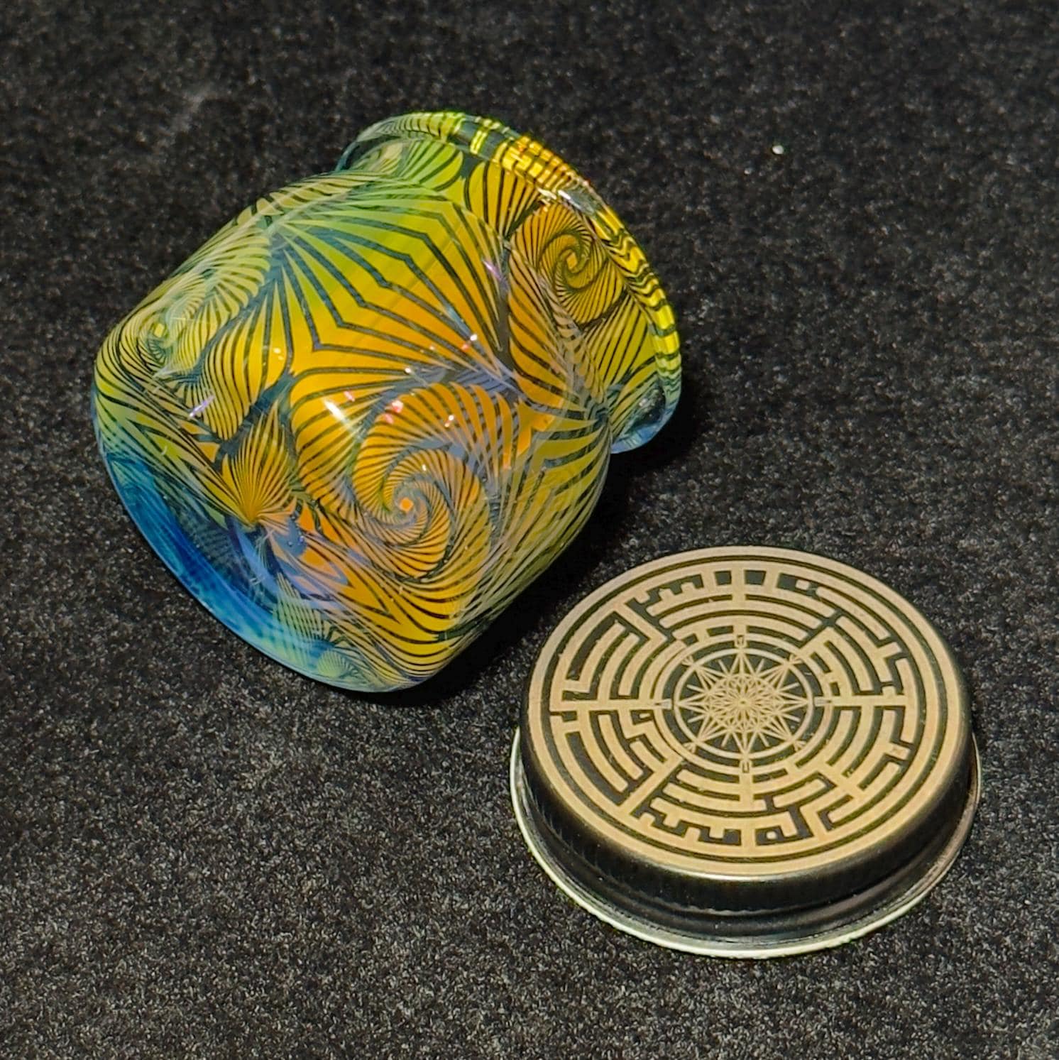 Blown Glass Fume Jar, Spiral Inception Pattern, Threaded Lid