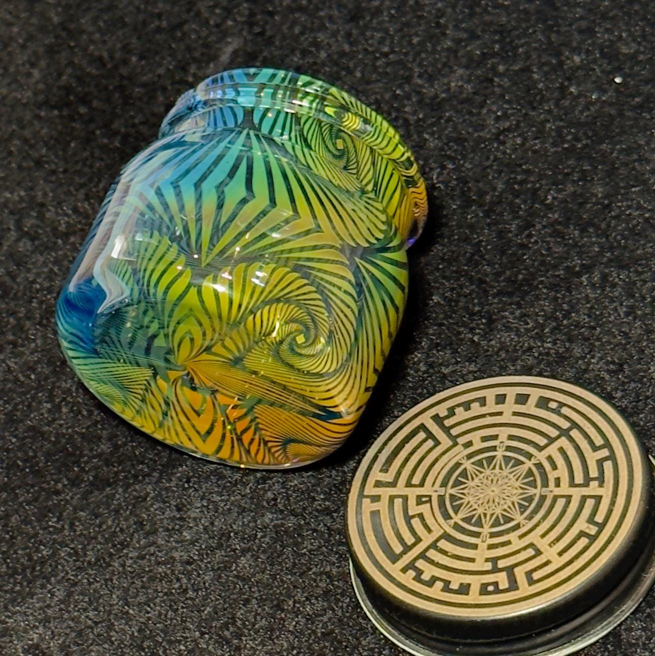 Blown Glass Fume Jar, Spiral Inception Pattern, Threaded Lid