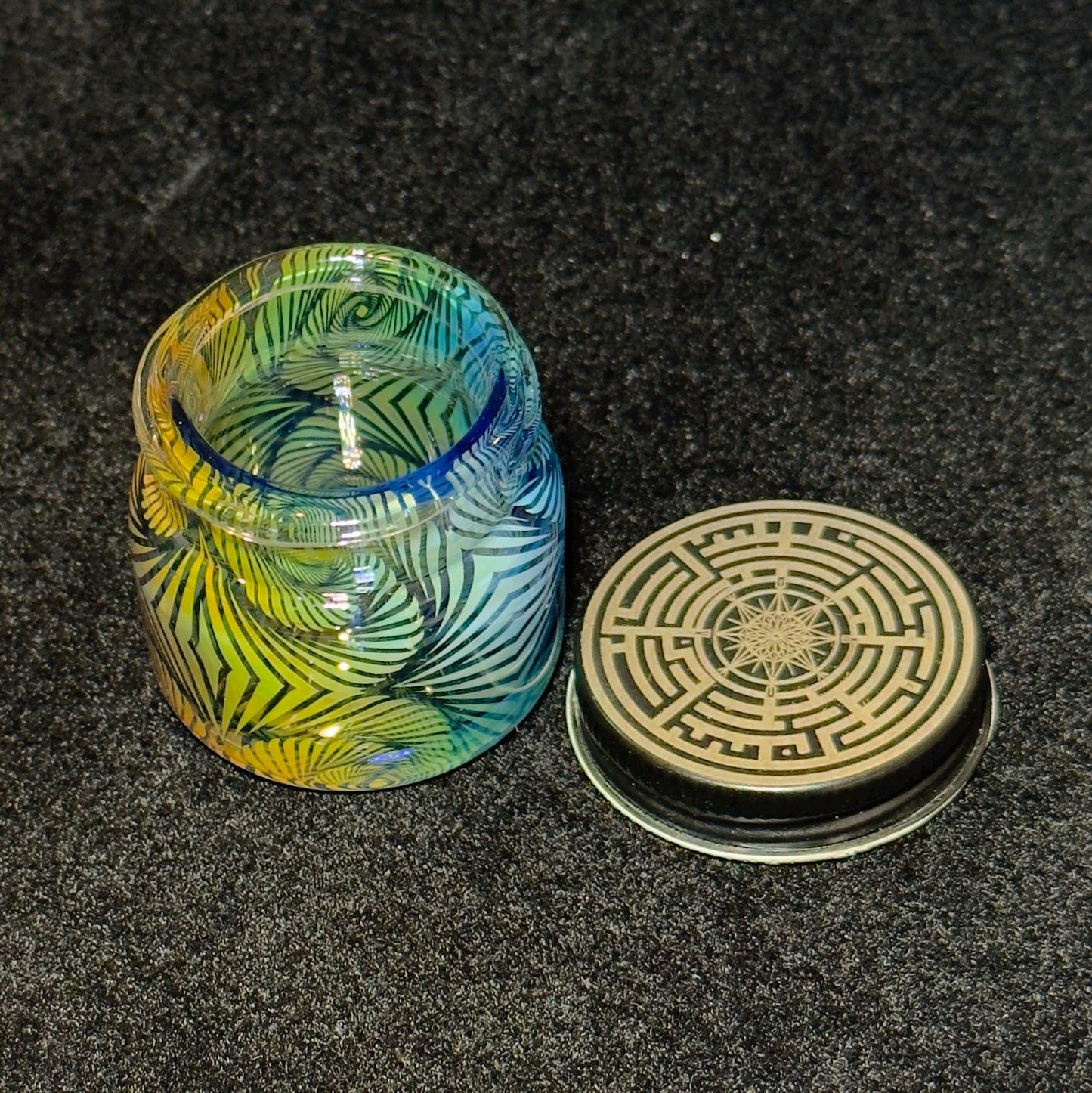 Blown Glass Fume Jar, Spiral Inception Pattern, Threaded Lid