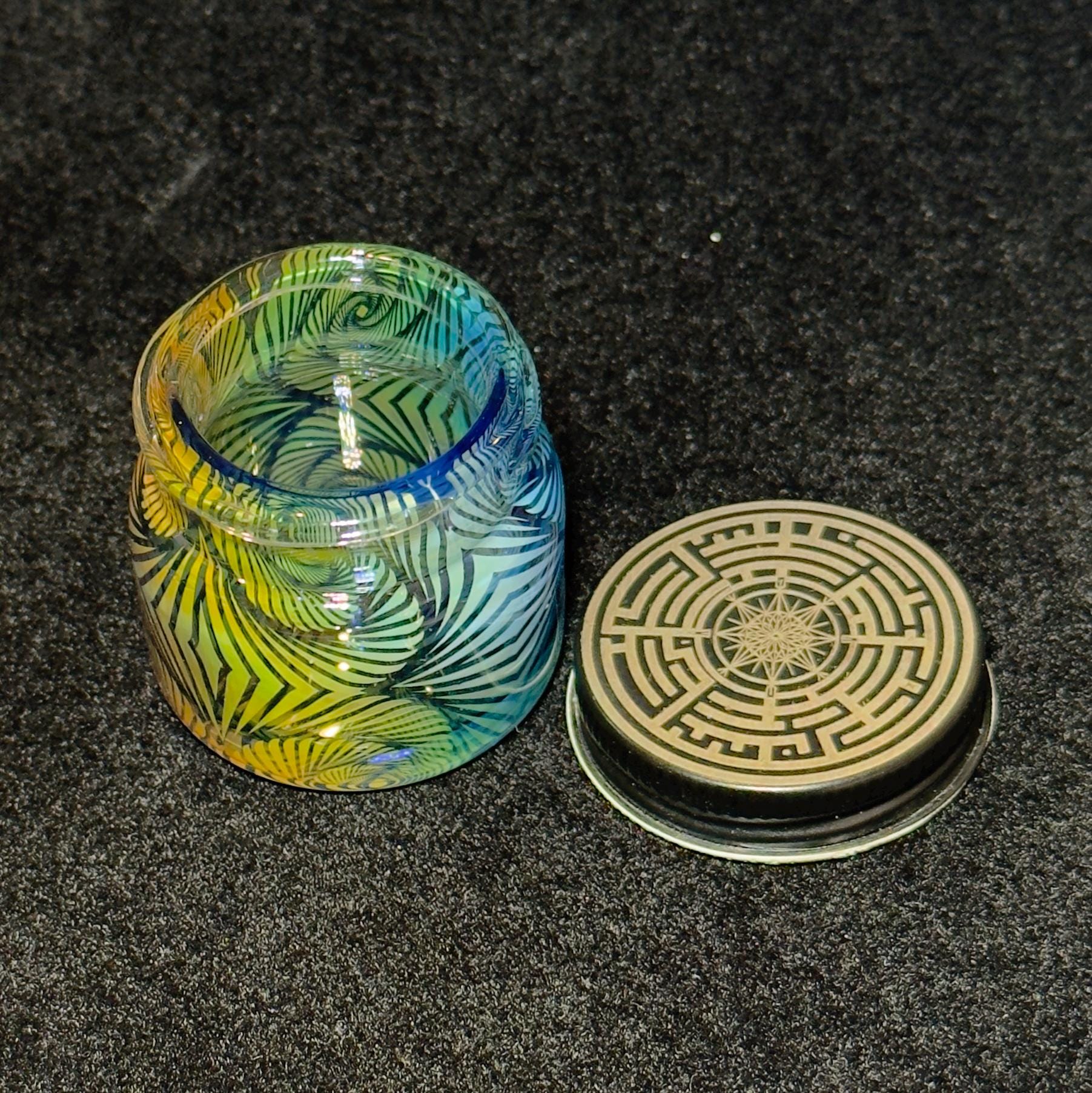 Blown Glass Fume Jar, Spiral Inception Pattern, Threaded Lid