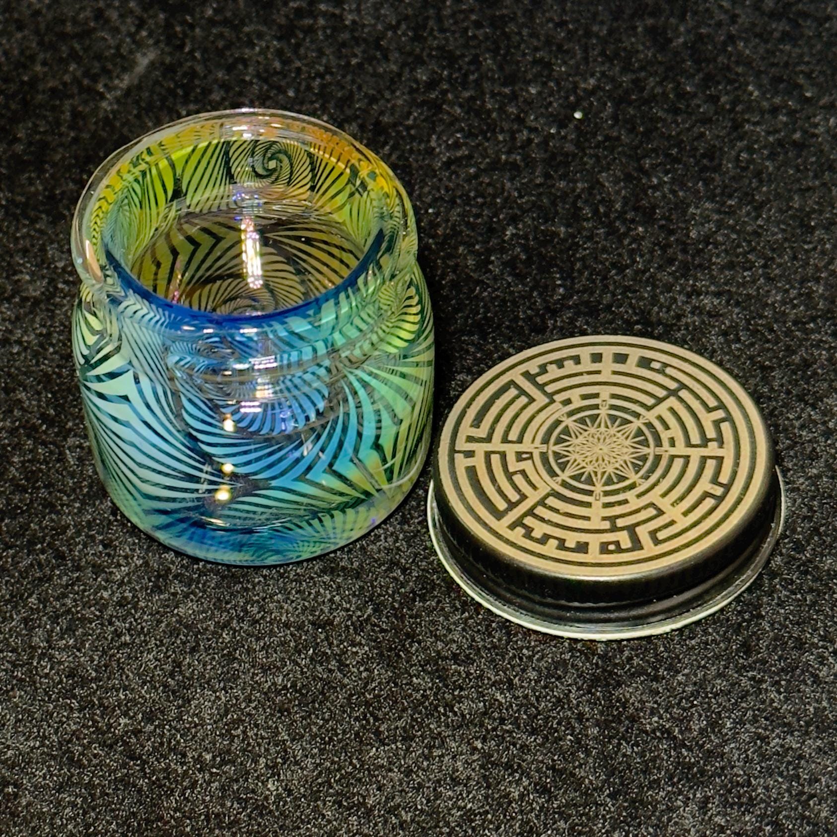 Blown Glass Fume Jar, Spiral Inception Pattern, Threaded Lid
