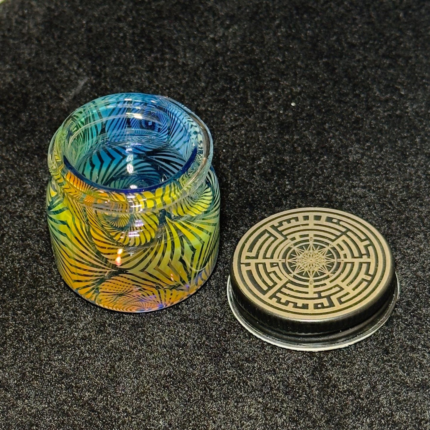 Blown Glass Fume Jar, Spiral Inception Pattern, Threaded Lid