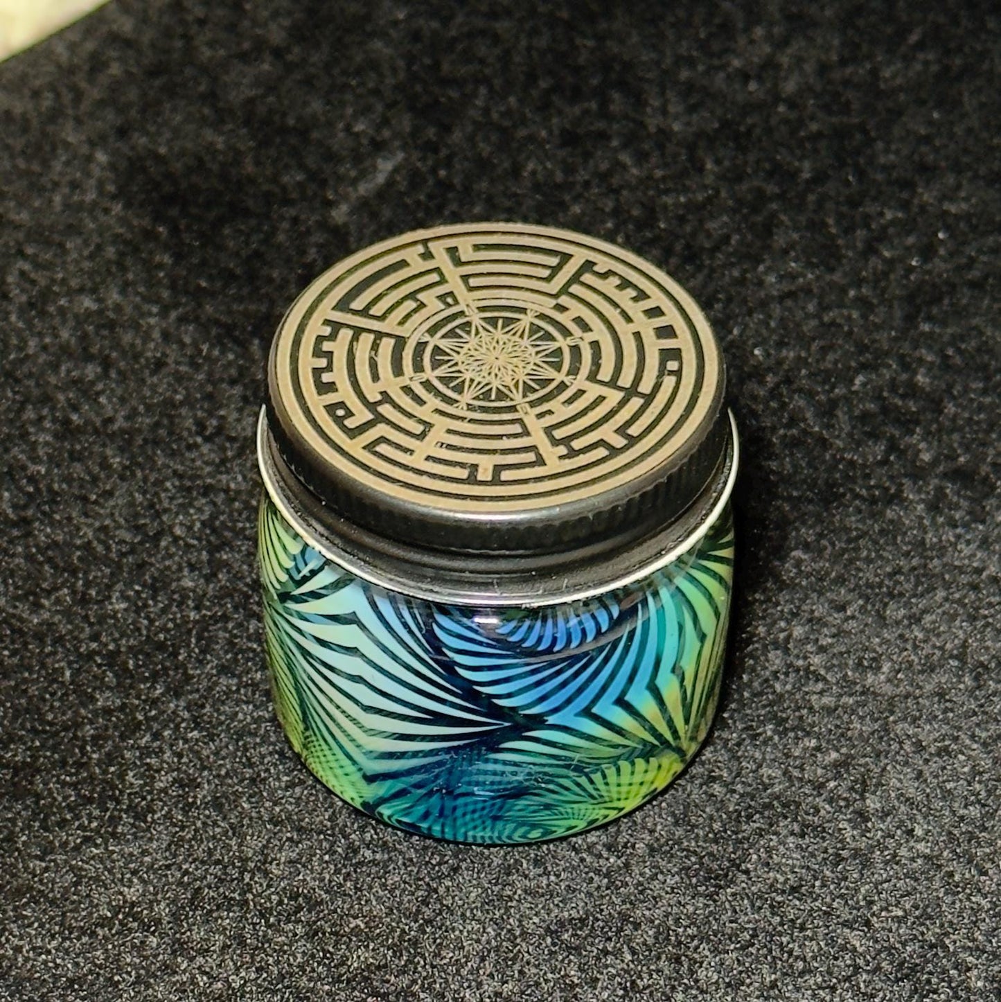 Blown Glass Fume Jar, Spiral Inception Pattern, Threaded Lid
