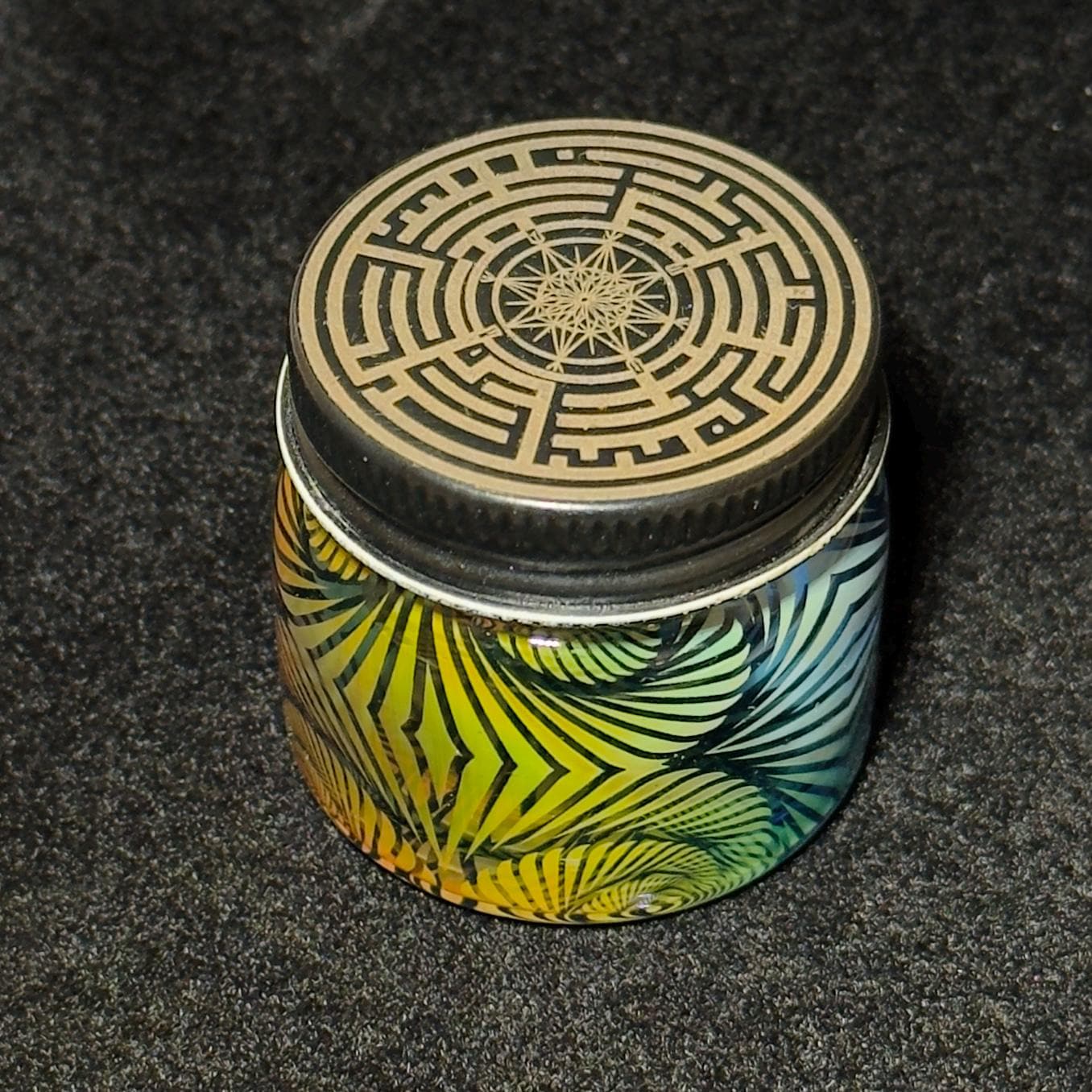 Blown Glass Fume Jar, Spiral Inception Pattern, Threaded Lid