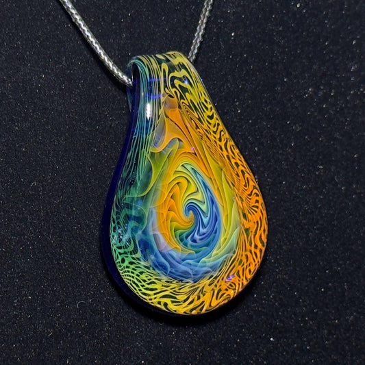 Blown Glass Pendant: Gold & Silver Fume Linework, Teardrop Necklace