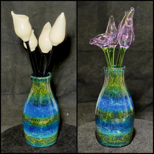 Blown Glass Vase with choice of Flower Bouquet - white or purple forever flowers