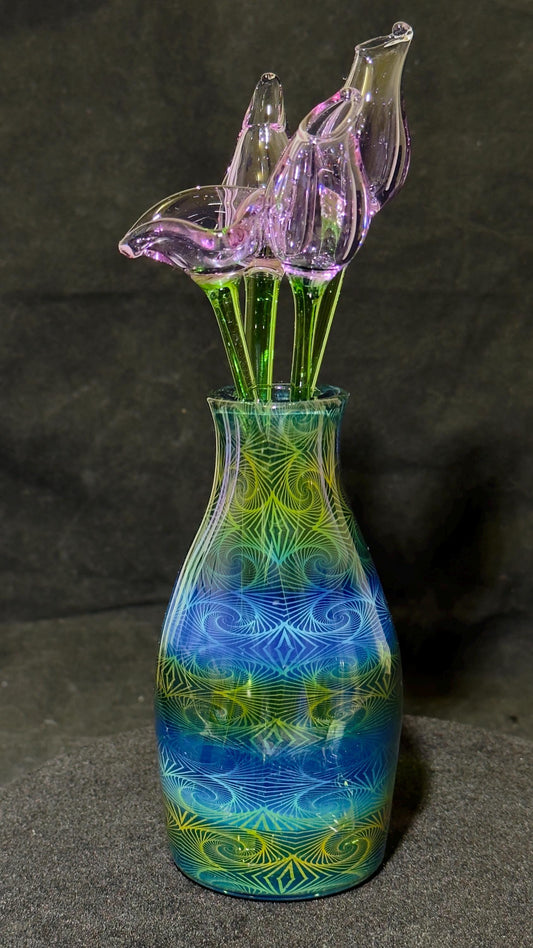 Blown Glass Vase with choice of Flower Bouquet - white or purple forever flowers