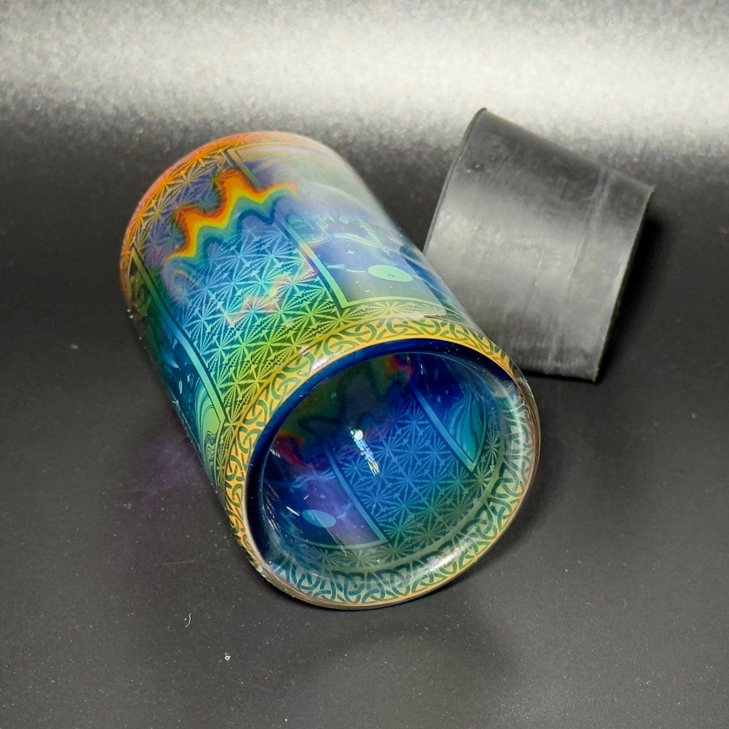 Blown glass jar, intricate fume gradient - Hologram tech "Space Colony" etch rainbow base