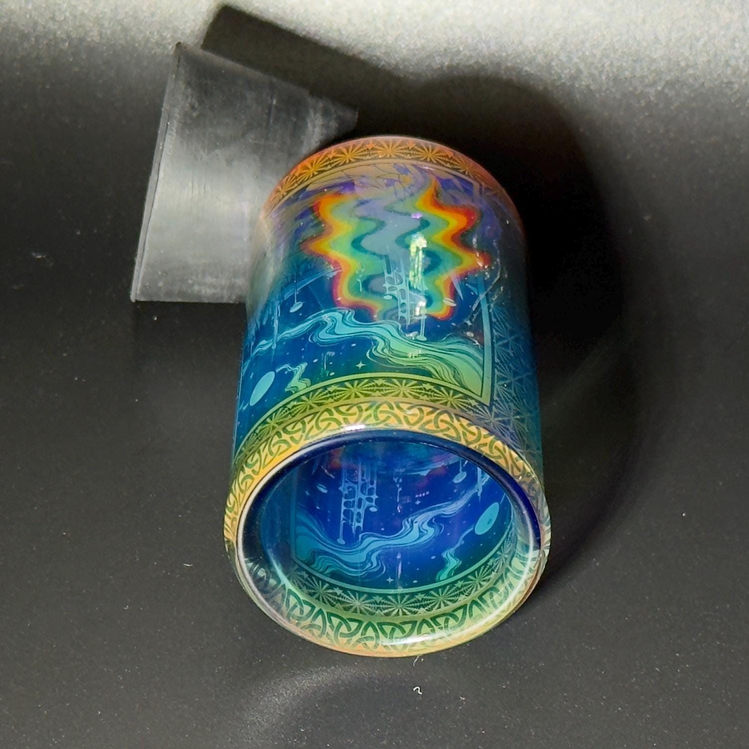 Blown glass jar, intricate fume gradient - Hologram tech "Space Colony" etch rainbow base