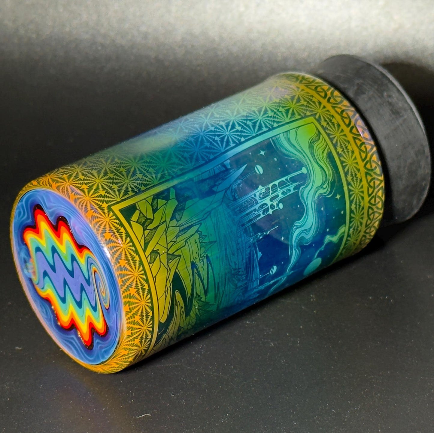 Blown glass jar, intricate fume gradient - Hologram tech "Space Colony" etch rainbow base