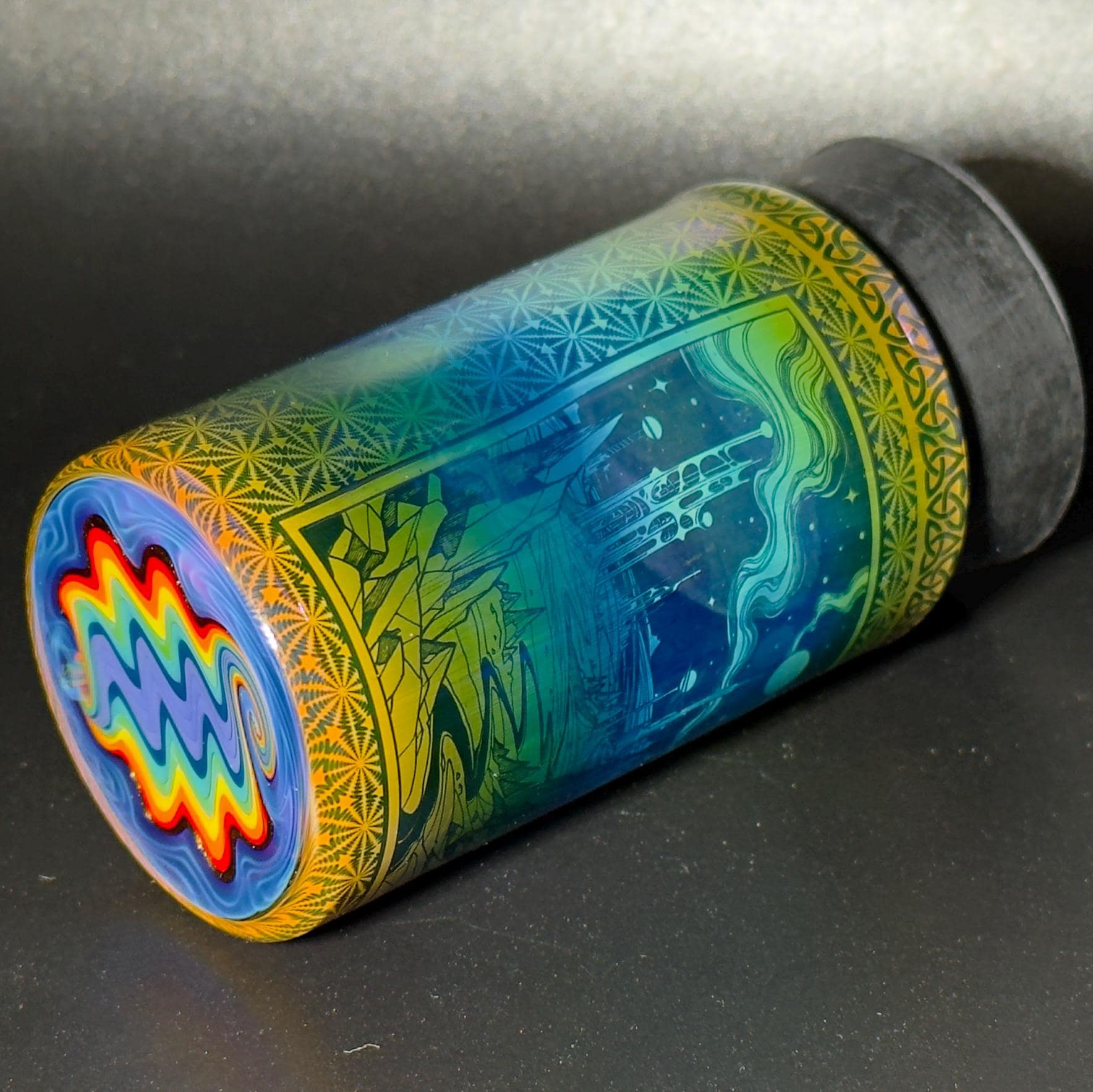 Blown glass jar, intricate fume gradient - Hologram tech "Space Colony" etch rainbow base