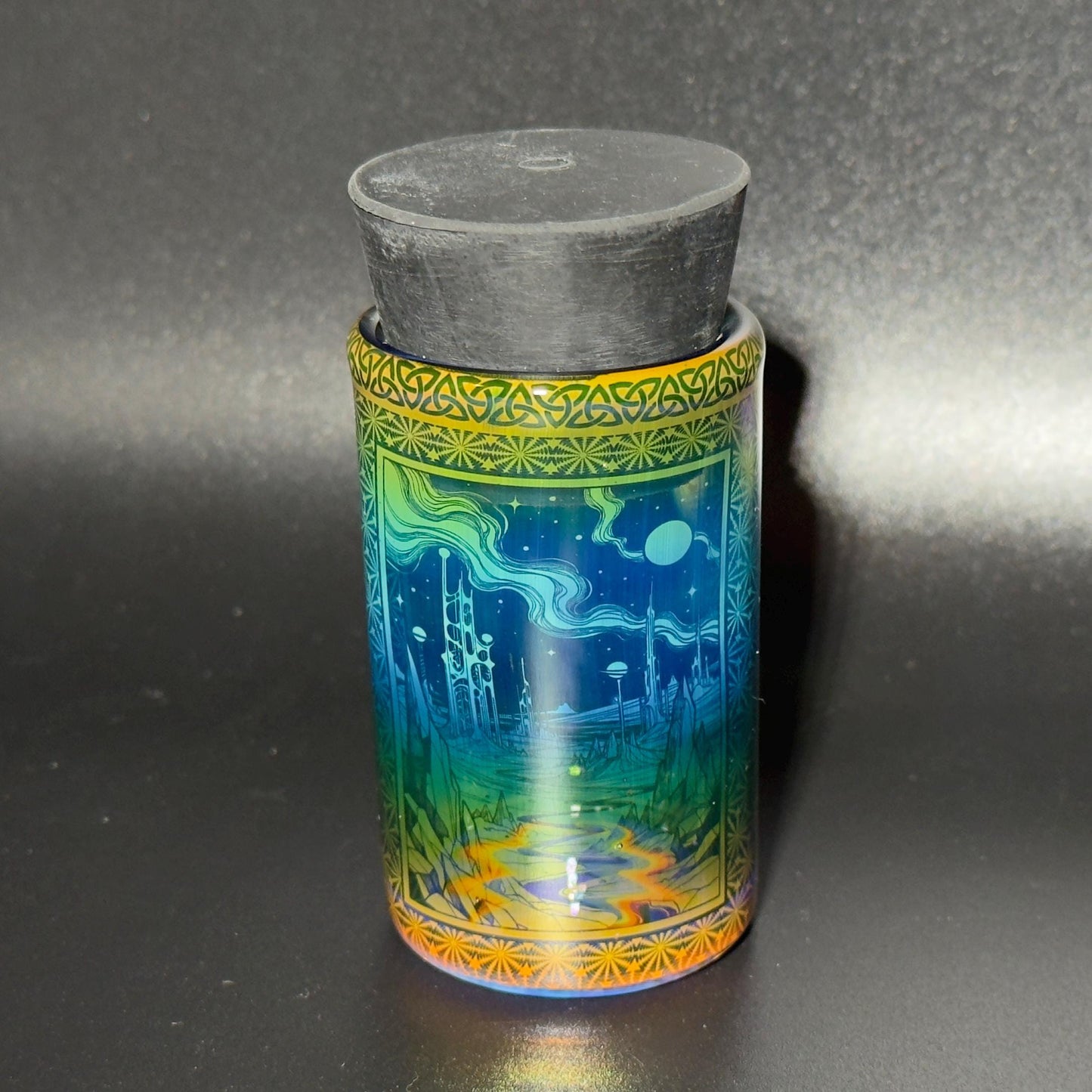 Blown glass jar, intricate fume gradient - Hologram tech "Space Colony" etch rainbow base