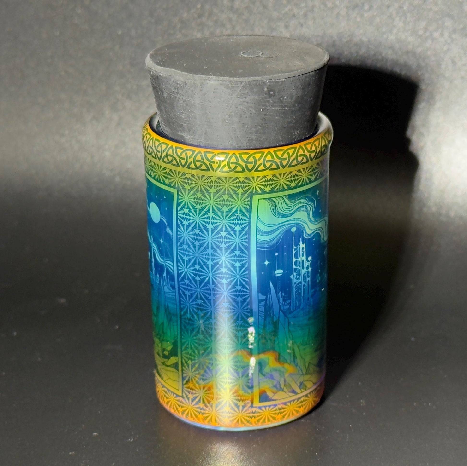 Blown glass jar, intricate fume gradient - Hologram tech "Space Colony" etch rainbow base