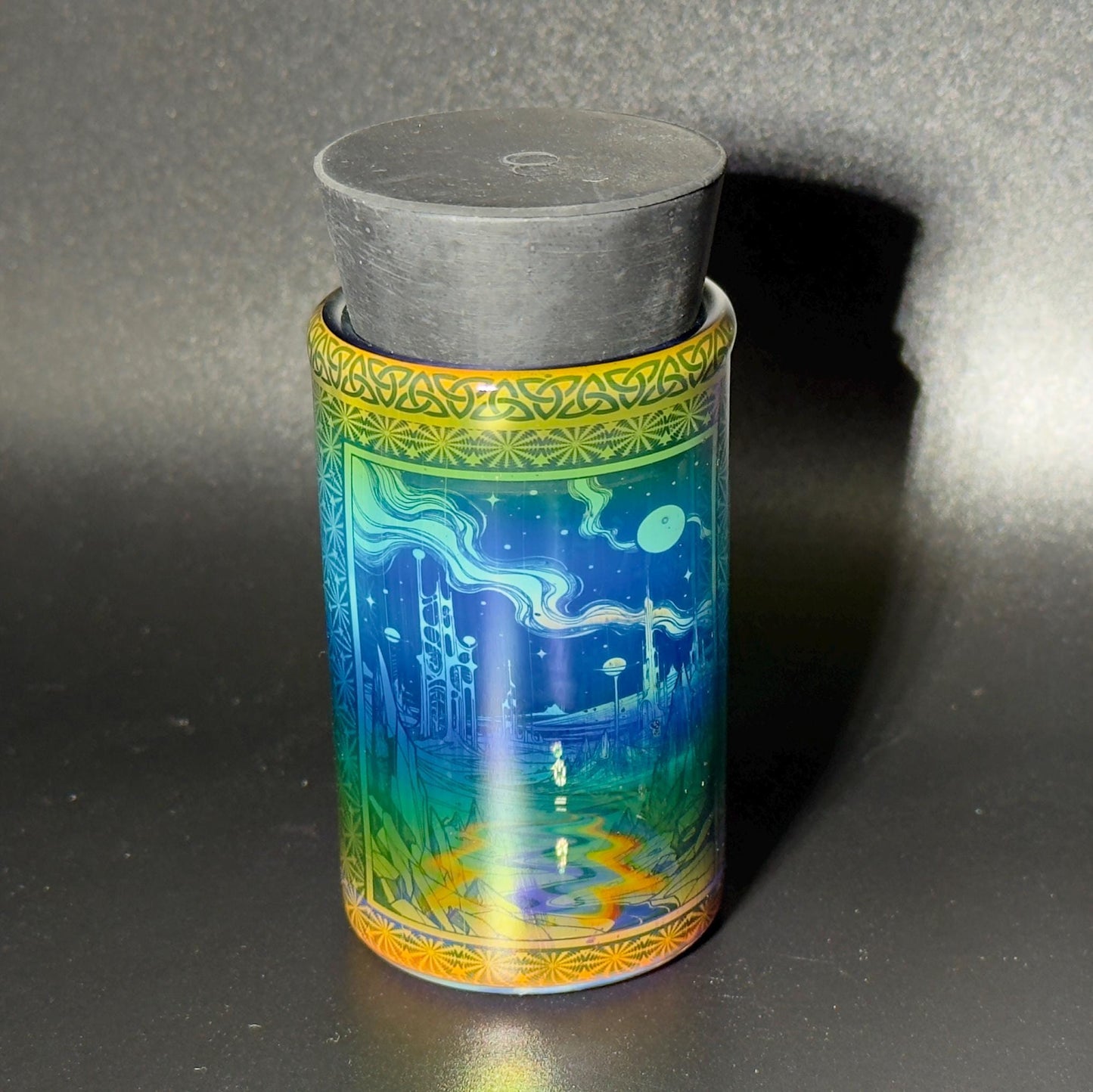 Blown glass jar, intricate fume gradient - Hologram tech "Space Colony" etch rainbow base