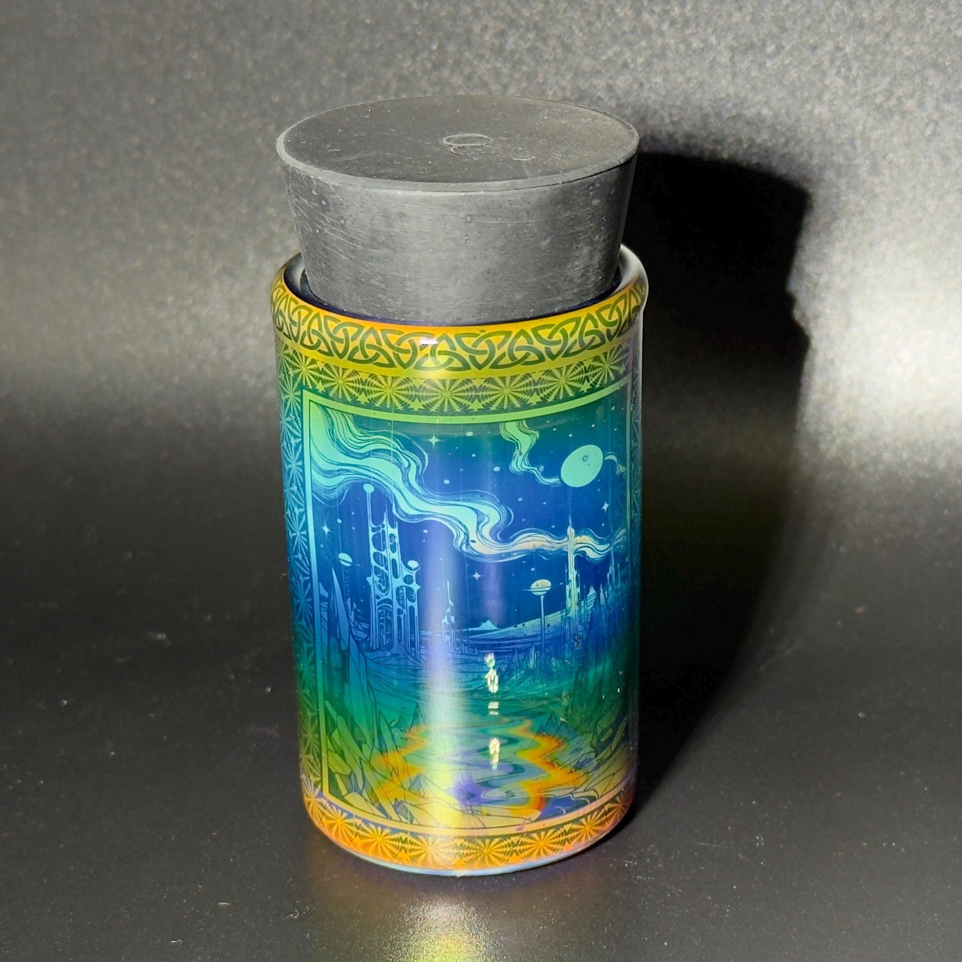 Blown glass jar, intricate fume gradient - Hologram tech "Space Colony" etch rainbow base