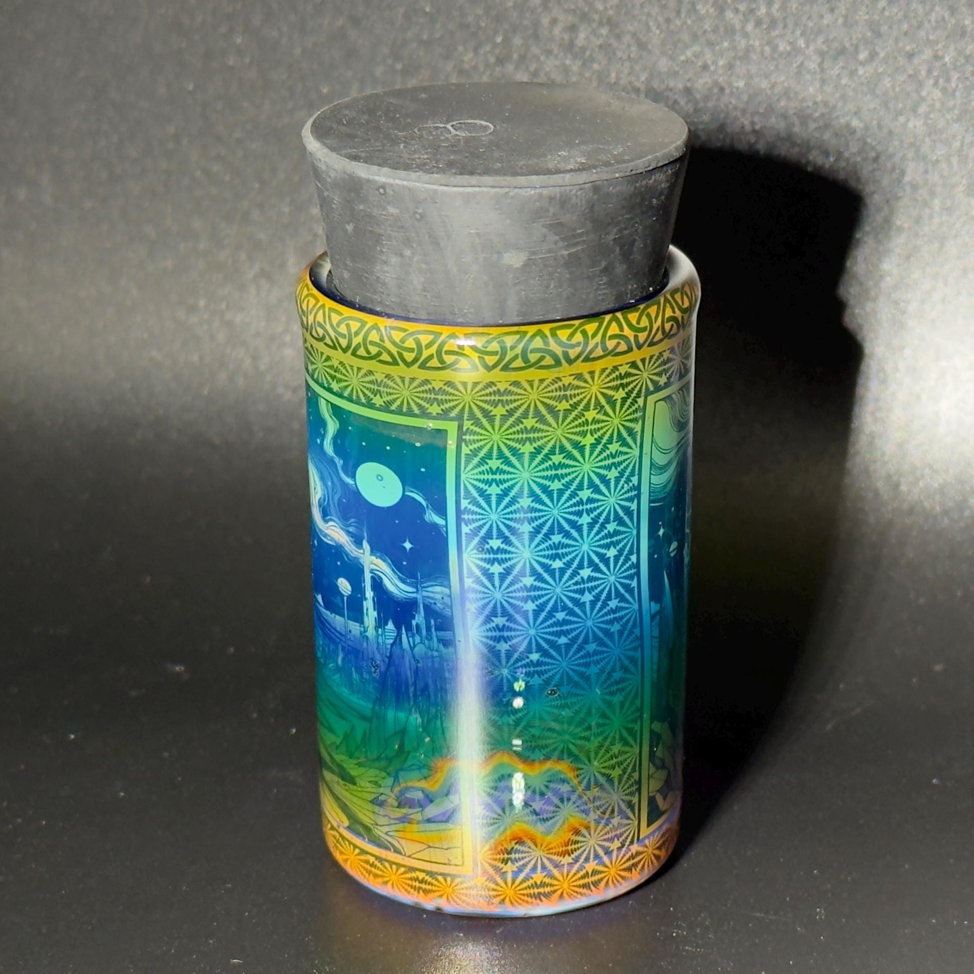 Blown glass jar, intricate fume gradient - Hologram tech "Space Colony" etch rainbow base