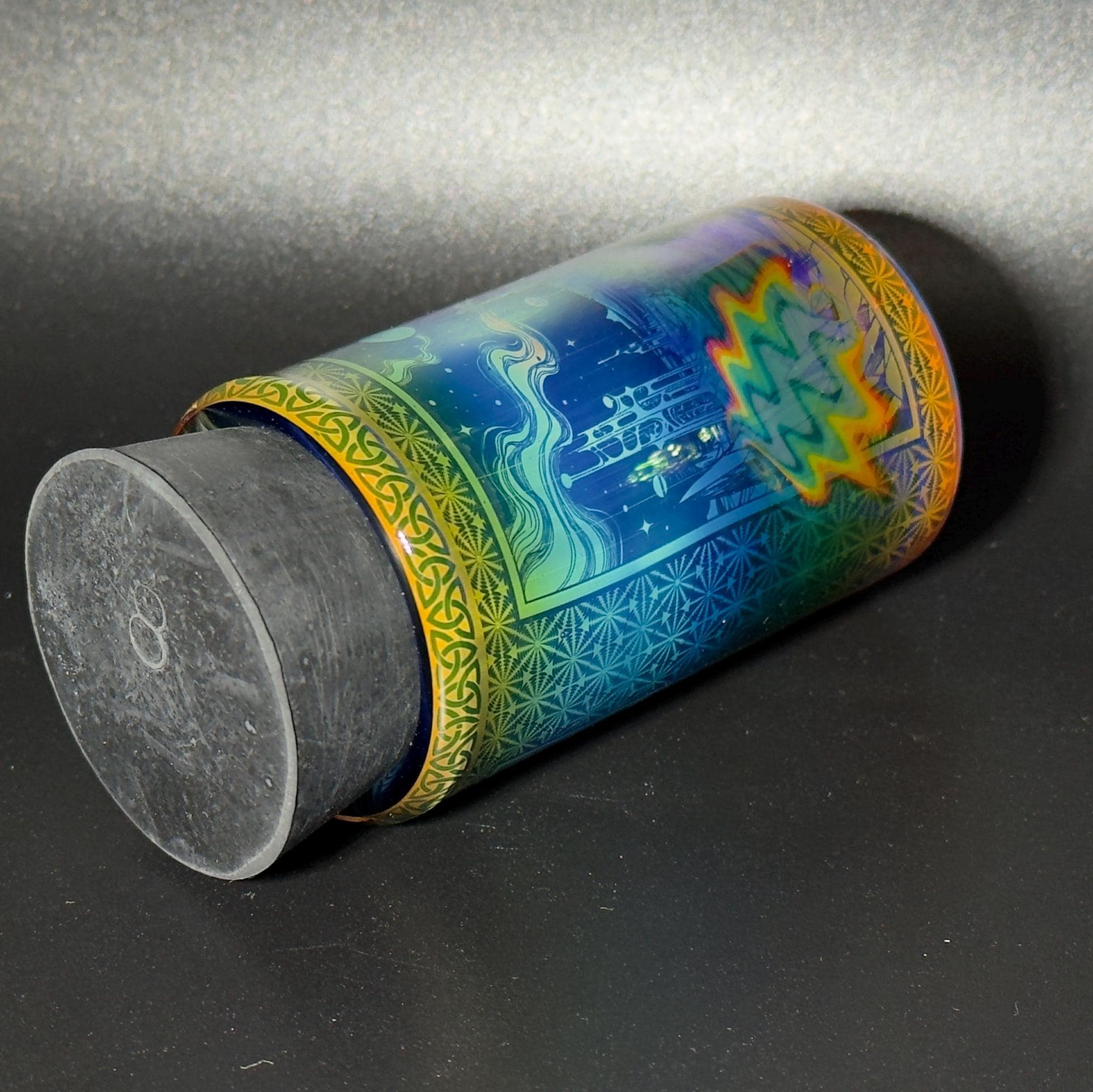 Blown glass jar, intricate fume gradient - Hologram tech "Space Colony" etch rainbow base