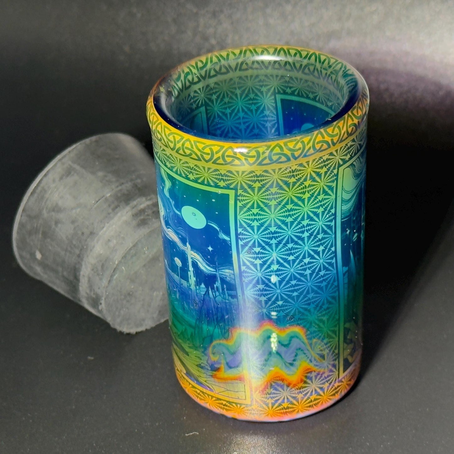 Blown glass jar, intricate fume gradient - Hologram tech "Space Colony" etch rainbow base
