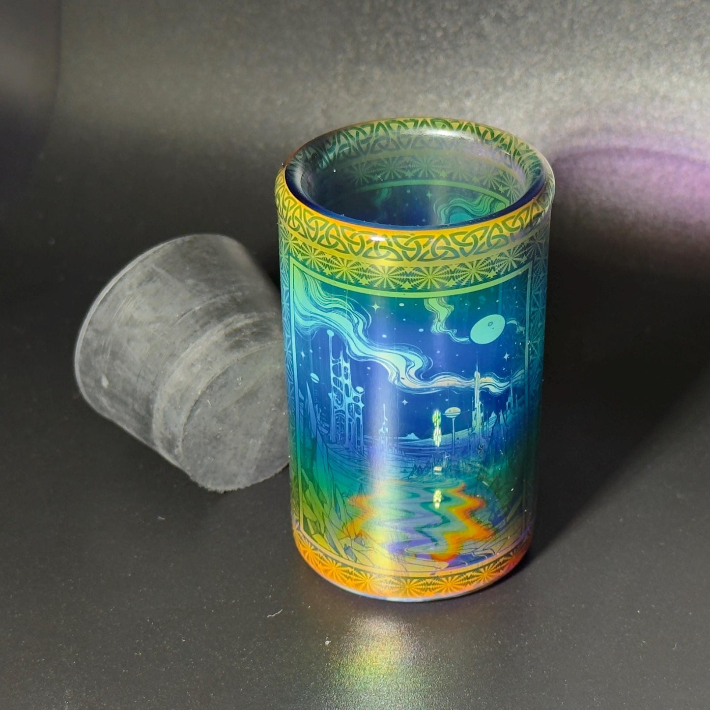 Blown glass jar, intricate fume gradient - Hologram tech "Space Colony" etch rainbow base