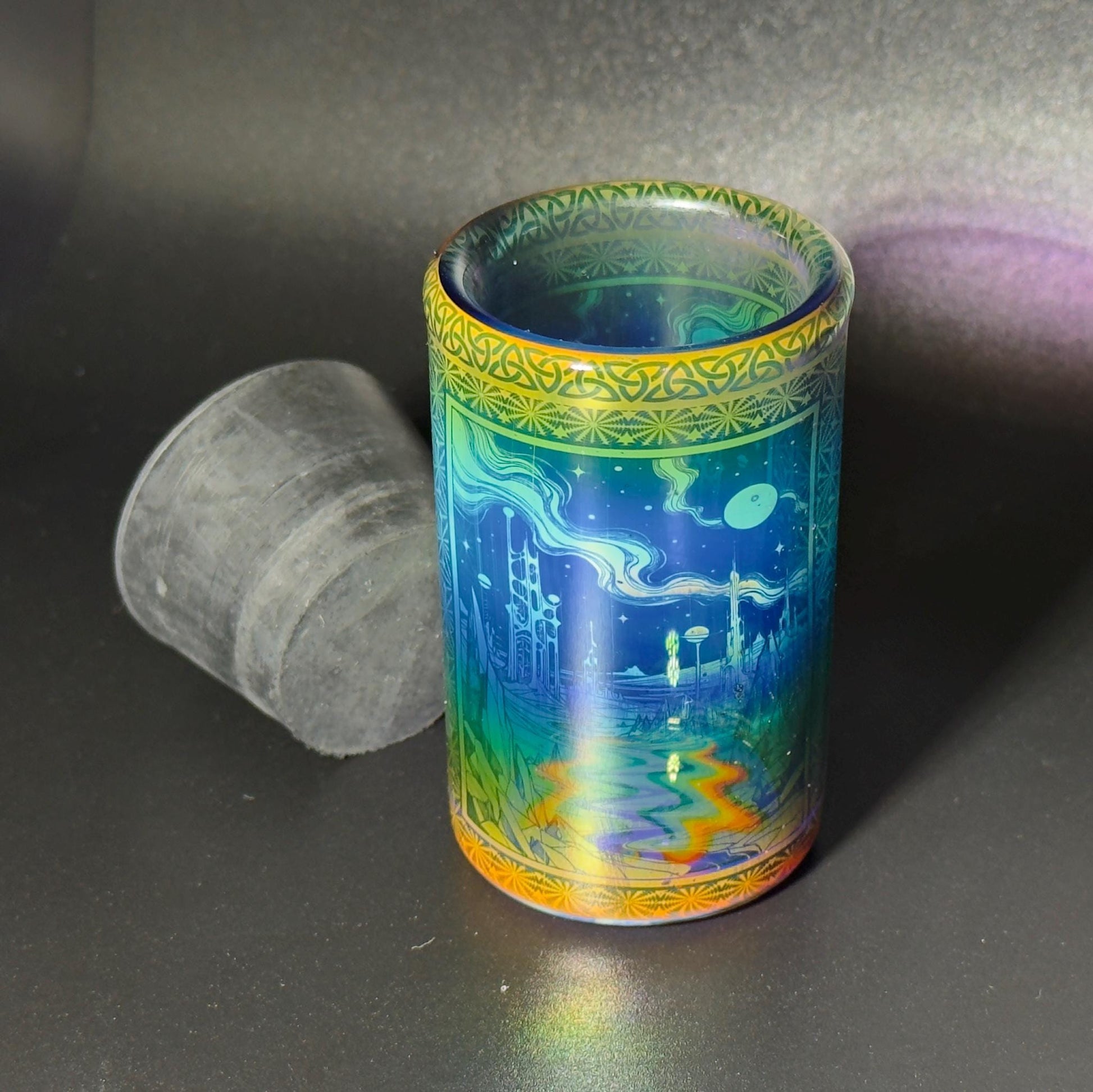 Blown glass jar, intricate fume gradient - Hologram tech "Space Colony" etch rainbow base