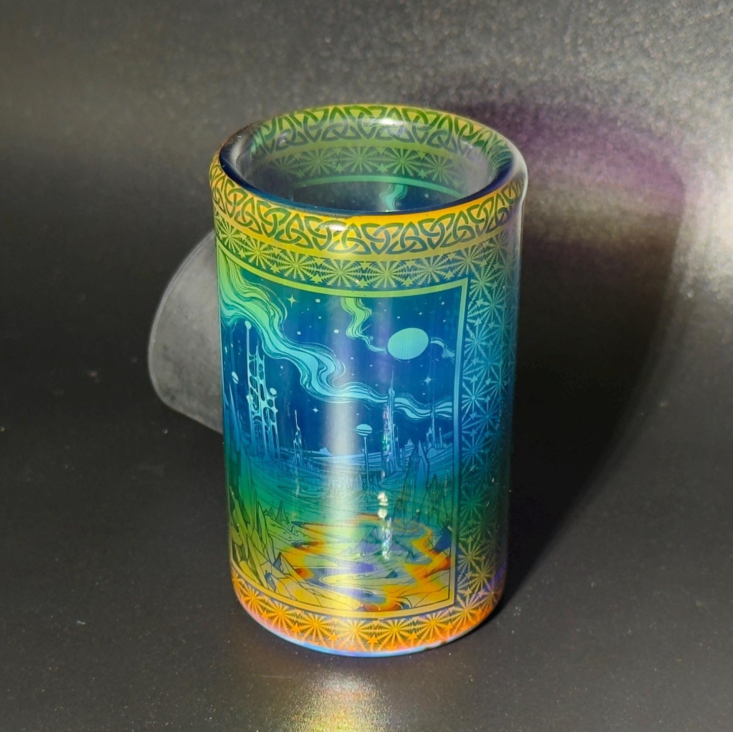 Blown glass jar, intricate fume gradient - Hologram tech "Space Colony" etch rainbow base