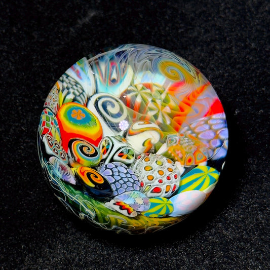 Colorful millefiori marble with fume lens and silver stringer backing - 49mm