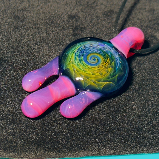 Fume drip glass pendant - gold and silver fumed linework with karmaline pink drips